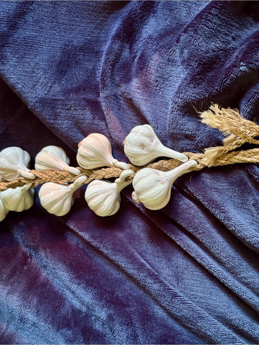 Decorative Garlic Strand - White Ceramic Bulbs Braided on Natural Twine